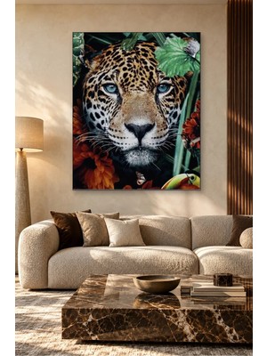 Fida Tropik Yapraklar ve Mavi Gözlü Leopar Canvas Tablo