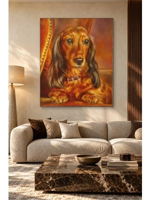 Fida Turuncu Koltukta Uzun Tüylü Dachshund Canvas Tablo