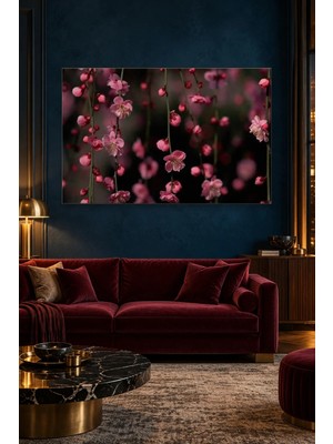 Fida Karanlık Fonda Sarkan Pembe Erik Çiçekleri Canvas Tablo