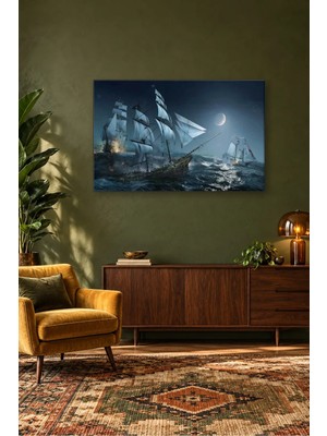 Fida Ay Işığında Fırtınalı Denizde Korsan Gemileri Canvas Tablo