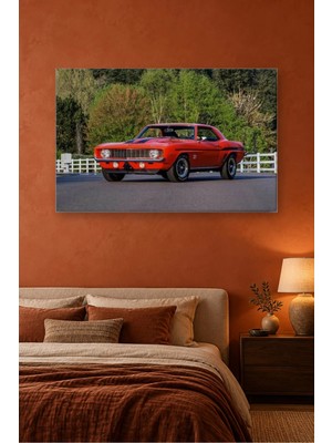 Fida Beyaz Çitler Önünde Turuncu Camaro Canvas Tablo