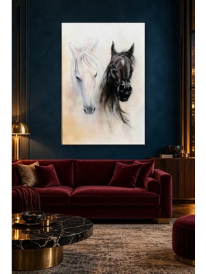Fida Krem Fonda Beyaz ve Siyah At Başı Canvas Tablo