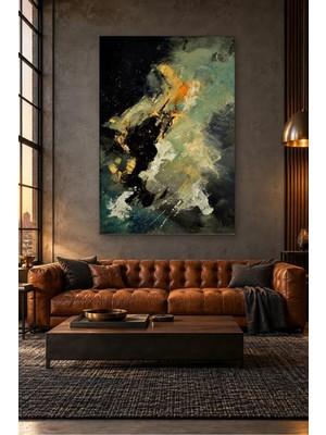 Fida Koyu Gökyüzünde Hardal ve Yeşil Lekeler Soyut Canvas Tablo