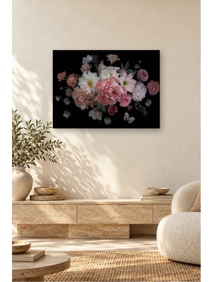 Fida Siyah Zeminde Pembe Gül ve Kelebek Canvas Tablo