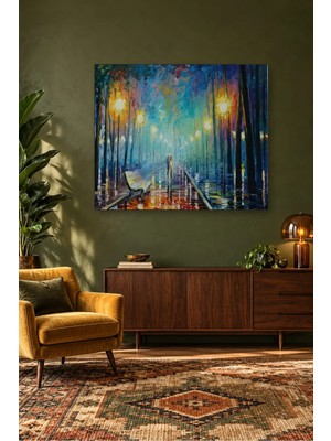 Fida Yağmurlu Parkta Fenerler ve Şemsiyeli Çift Canvas Tablo