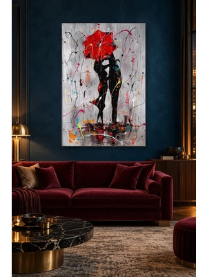 Fida Kırmızı Şemsiye Altında Öpüşen Çift Canvas Tablo