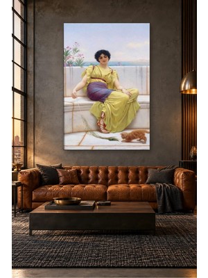 Fida Godward Mermer Sekide Kediyle Oynayan Kadın Canvas Tablo