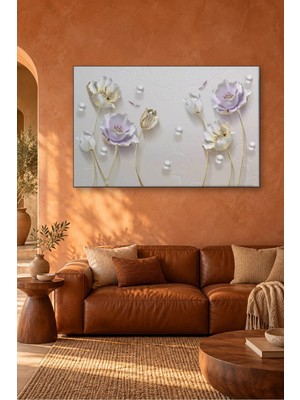 Fida Kabartma Görünümlü Lila ve Krem Çiçekler Canvas Tablo
