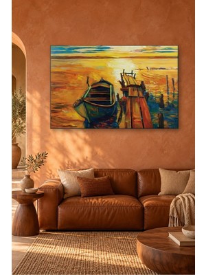 Fida Gün Batımında Ahşap Iskele ve Kayık Canvas Tablo