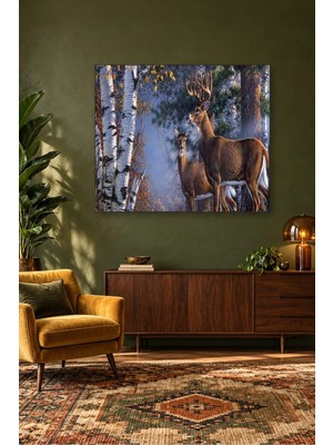 Fida Huş Ağaçları Arasında Geyik Çifti Canvas Tablo