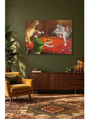 Fida Kırmızı Bilardo Masasında Köpekler Canvas Tablo