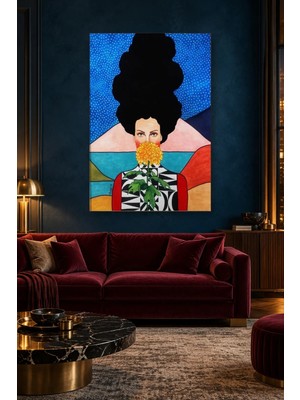 Fida Ağzının Önünde Sarı Kasımpatı Tutan Kadın Canvas Tablo
