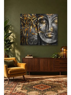 Fida Altın Bambu Yapraklı Buda Yüzü ve Om Simgesi Canvas Tablo
