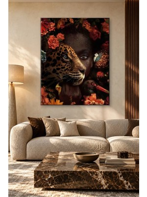 Fida Çiçekler Arasında Kadın Yüzü ve Leopar Canvas Tablo