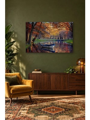Fida Sonbahar Gölünde Mavi Beyaz Kayık Canvas Tablo