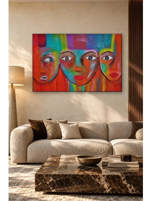 Fida Kırmızı Turkuaz Renkli Üç Yüz Canvas Tablo