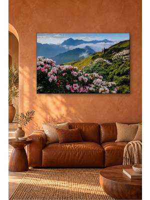 Fida Bulutların Üzerinde Pembe Açelyalı Dağ Yamacı Canvas Tablo