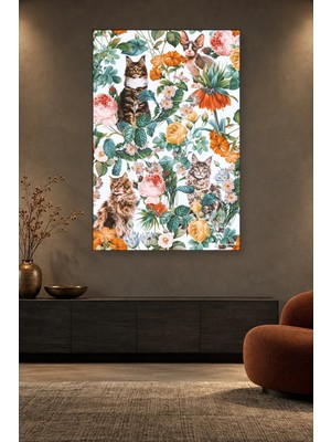 Fida Çiçekler Arasında Kediler Canvas Tablo