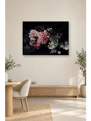 Fida Siyah Zeminde Şakayık ve Ortanca Buketi Canvas Tablo