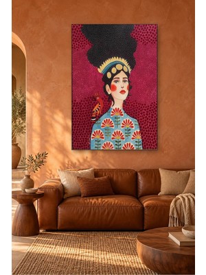 Fida Bordo Fonda Taçlı Kadın ve Ibibik Kuşu Canvas Tablo