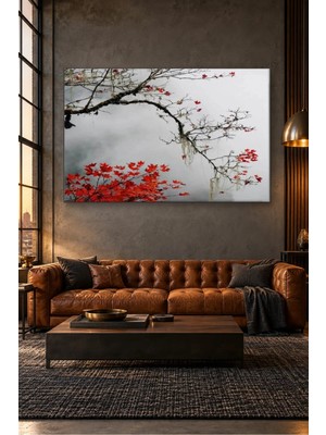 Fida Sisli Fonda Kırmızı Yapraklı Dallar Canvas Tablo