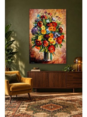 Fida Afremov Üslubunda Vazoda Kırmızı Sarı Çiçekler Canvas Tablo