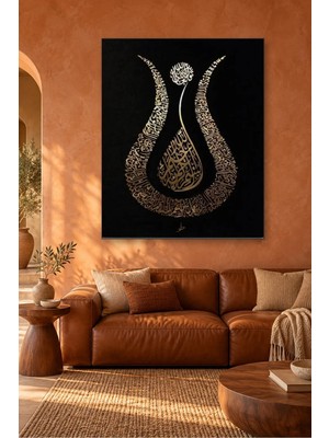 Fida Siyah Zeminde Altın Lale Formlu Hat Canvas Tablo