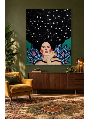 Fida Yıldızlı Saçlı Kadın Illüstrasyonu Canvas Tablo