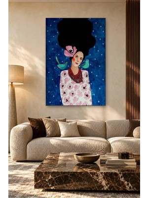 Fida Yıldızlı Gecede Iki Mavi Kuşlu Kadın Canvas Tablo