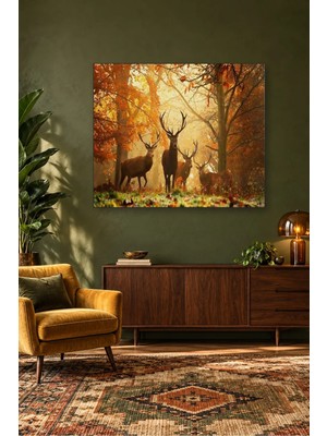 Fida Sonbahar Ormanında Güneşte Geyik Sürüsü Canvas Tablo