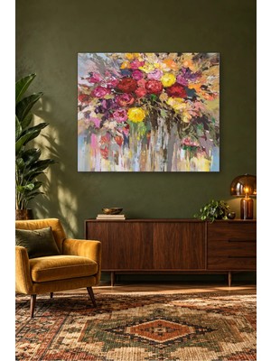 Fida Spatula Tekniği Kırmızı Sarı Gül Buketi Canvas Tablo