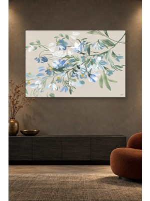 Fida Bej Fonda Mavi Beyaz Çiçek Dalı Canvas Tablo