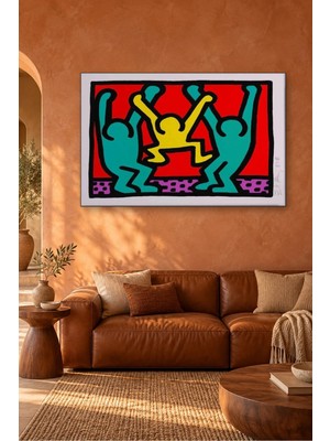 Fida Keith Haring Kırmızı Fonda Mutlu Aile Canvas Tablo