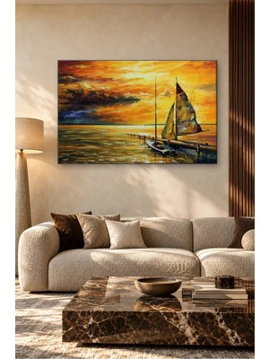 Fida Turuncu Gün Batımında Iskeledeki Yelkenli Canvas Tablo