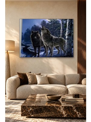 Fida Huş Ağaçları Yanında Uluyan Kurtlar Canvas Tablo