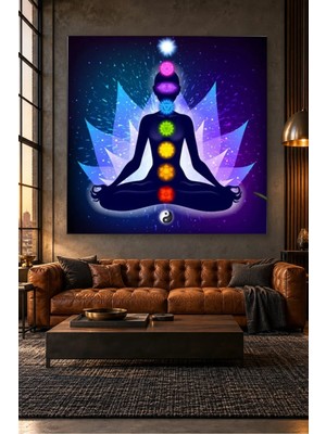 Fida Mavi Işıklı Lotus ve Yin Yang Çakra Canvas Tablo