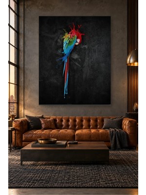 Fida Siyah Duvarda Boya Sıçramalı Ara Papağanı Canvas Tablo