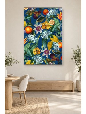 Fida Lacivert Fonda Tropikal Meyve ve Çiçekler Canvas Tablo