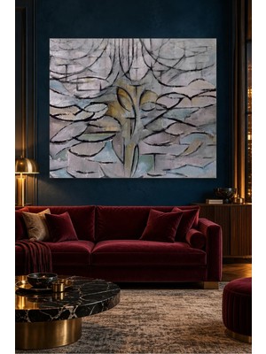 Fida Mondrian Gri Tonlarda Çiçek Açan Elma Ağacı Canvas Tablo