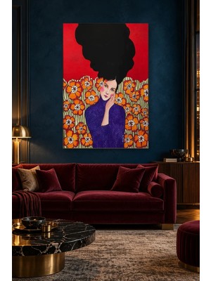 Fida Kırmızı Fonda Turuncu Çiçekler Arasında Kadın Canvas Tablo