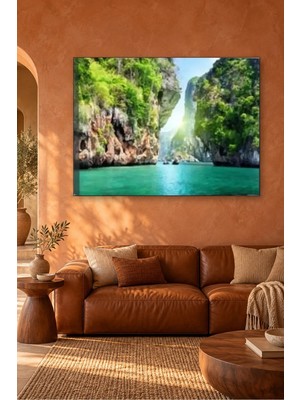 Fida Turkuaz Koyda Yeşil Kayalıklar Canvas Tablo