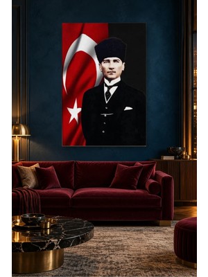 Fida Türk Bayrağı Önünde Kalpaklı Atatürk Canvas Tablo