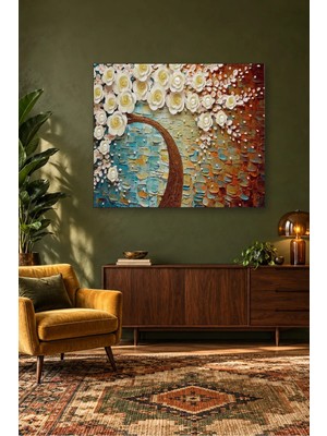 Fida Kabartma Beyaz Çiçekli Ağaç Turkuaz Bordo Canvas Tablo