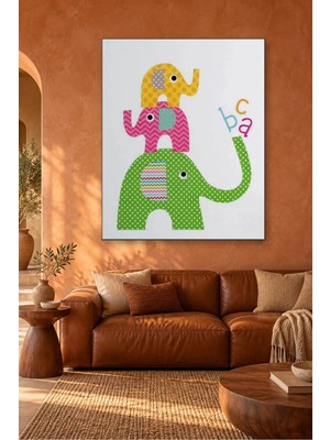 Fida Üst Üste Üç Renkli Fil ve Abc Harfleri Canvas Tablo