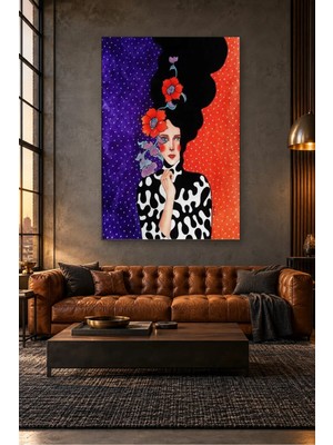 Fida Mor ve Turuncu Fonda Kırmızı Çiçekli Kız Canvas Tablo