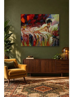 Fida Kırmızı Çiçekler Yanında Uzanan Kadın Yağlı Boya Canvas Tablo