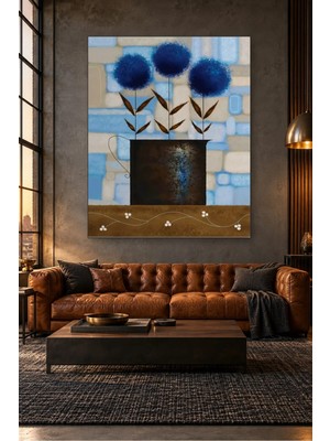 Fida Kahve Saksıda Mavi Top Çiçekler Canvas Tablo
