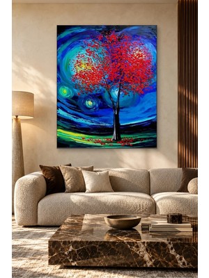 Fida Yıldızlı Gecede Kırmızı Yapraklı Ağaç Canvas Tablo