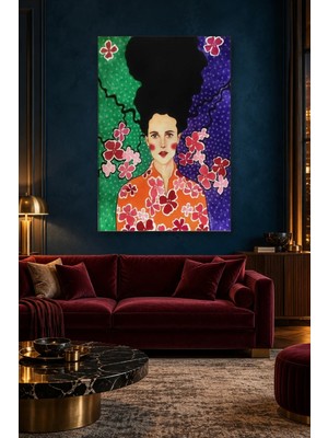 Fida Yeşil ve Mor Fonda Pembe Çiçekli Kadın Canvas Tablo