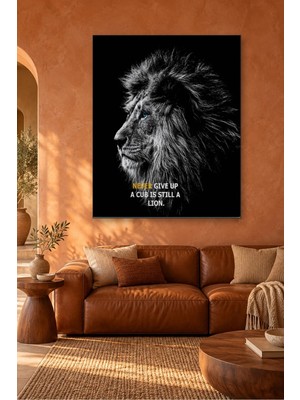 Fida Mavi Gözlü Aslan ve Never Give Up Yazılı Canvas Tablo